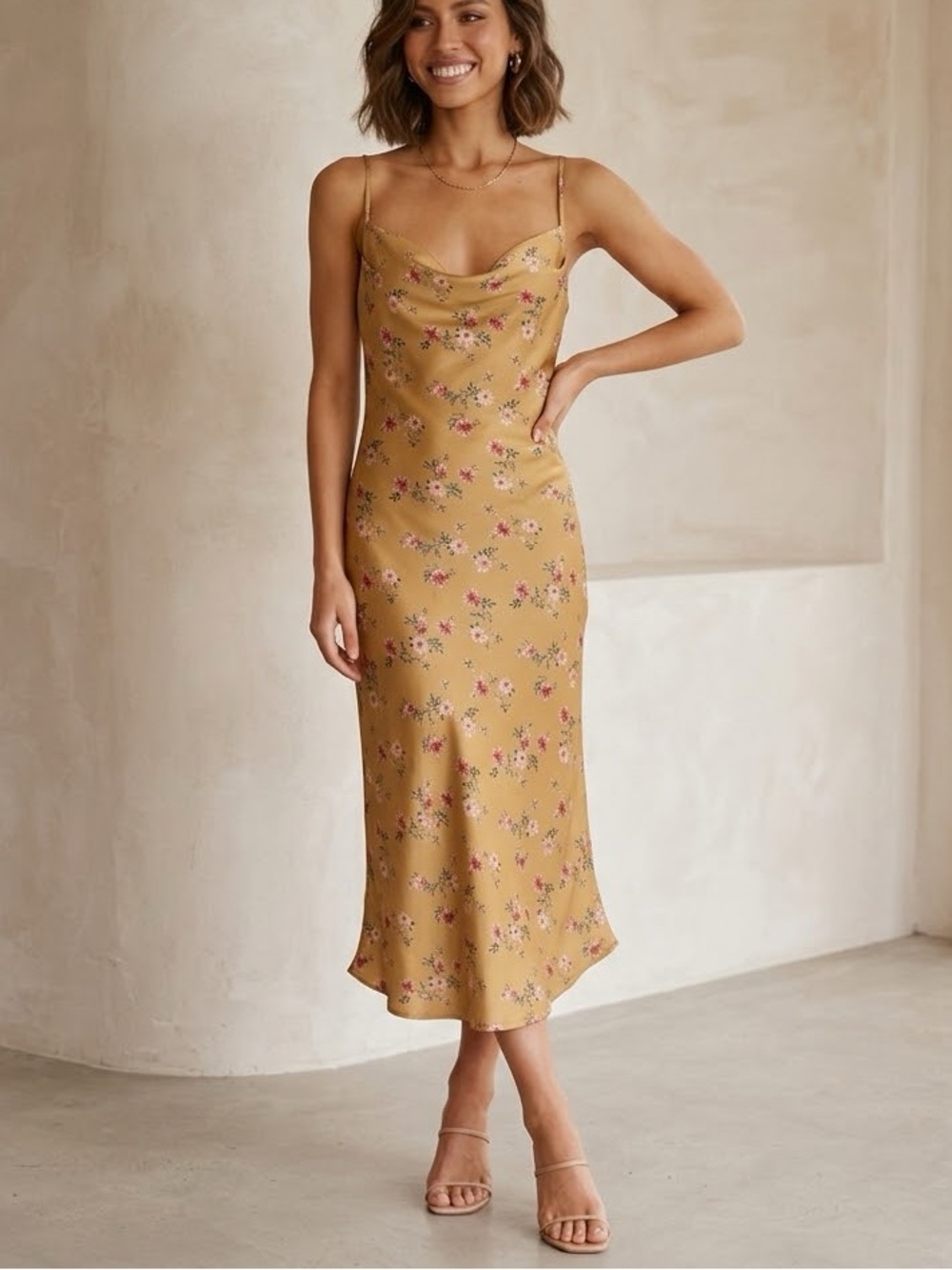 En Crème Floral Slip Midi Dress Cowl Neck Adjustable Straps Size M